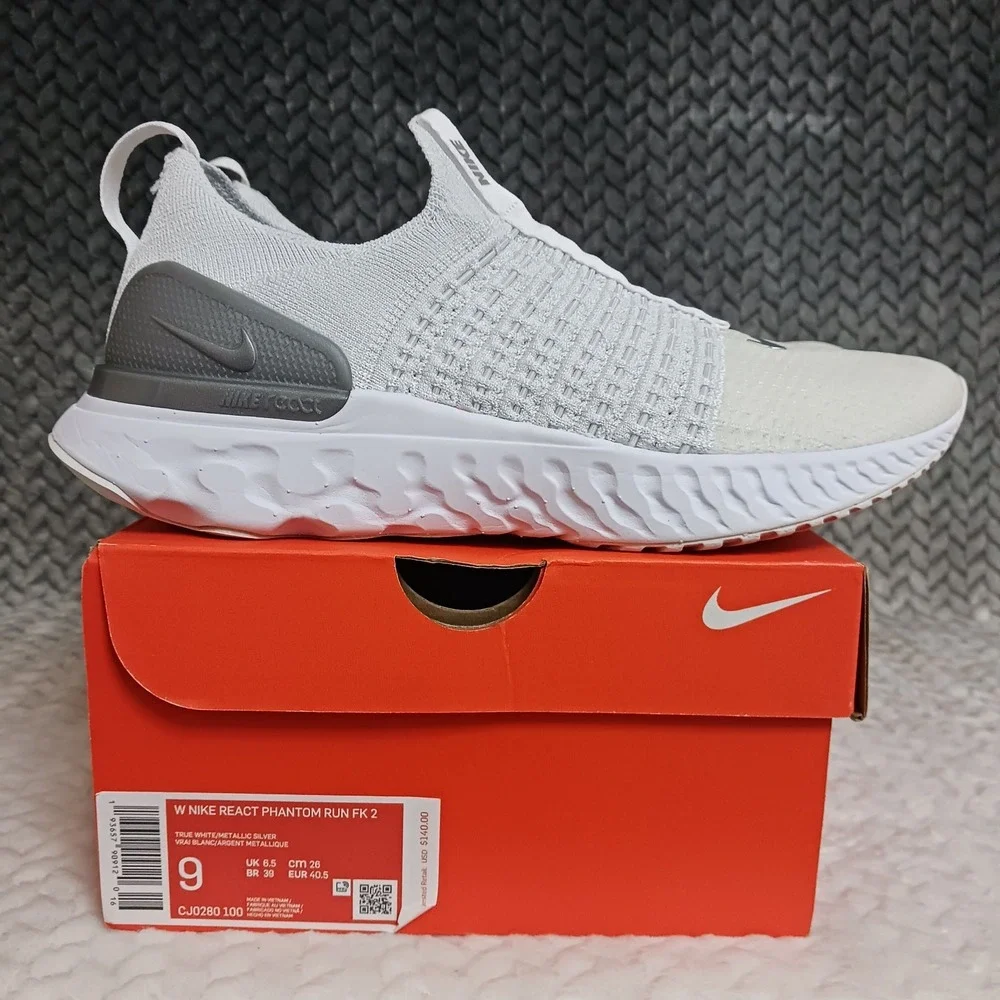 Nike React Phantom Run Flyknit 2 True White Silver Women's Running Shoes Size 9